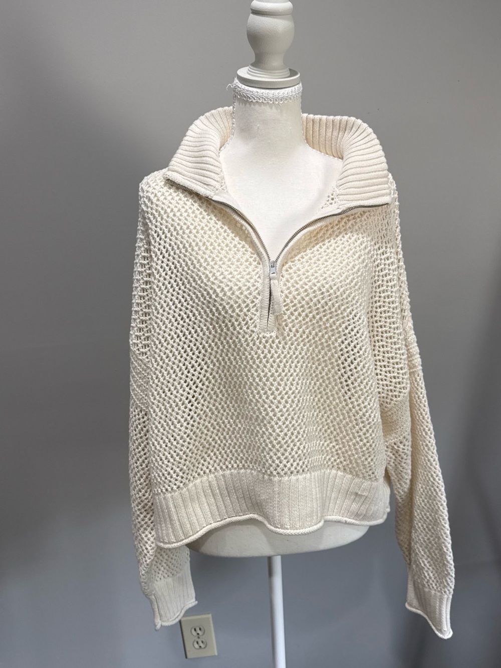 aerie Cream Open-Knit Half-Zip Cowl Sweater